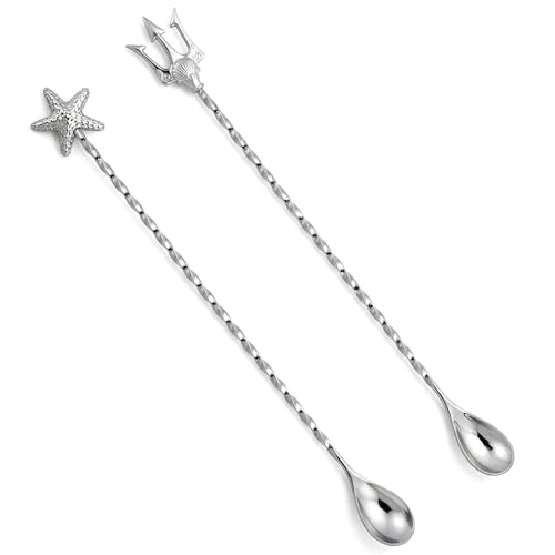 Homestia 2 Pack Bar Mixing Spoons, 12 Inch Long Cocktail Spoon for Drinks - color: 2PCS Starfish + Trident + Silver