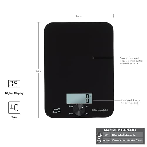 KitchenAid KQ914BA Digital Glass Top Kitchen and Food Scale, 11 lb Capacity, Measures Liquid & Dry Ingredients, Rotating Knob, Precise Results for Baking, Cooking, Keto and Meal Prep, Tare, Black - color: Black