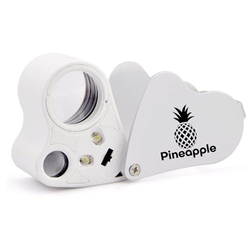 Pineapple 30X 60X Jewelers Loupe Magnifier with Light, Lighted Magnifying Glass Jewelry Loop, Pocket Magnifier for Coins, Jewelry, Plants, Currency, Diamonds, Stamps (White)