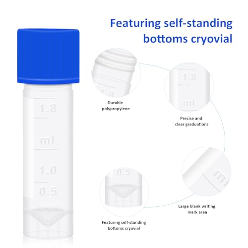 2ml Small Plastic vials w/Leak proof Caps, 2ml Cryogenic vials Sample Vials Self-Stand Cryotubes Cryovial w/Scale & Writing Area for Low Temperature Storage, 100pcs Boxed - size: 100 pcs with 100 well box