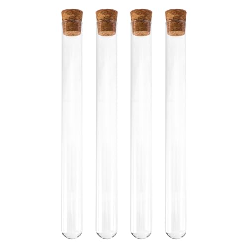 20x200mm Glass Test Tubes with Cork Stopper Flat Round Bottom 4-Piece Set for School Science Experiments and Liquid Storage