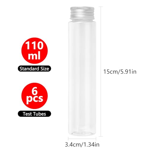 Test Tubes, 110ml Clear Flat Plastic Test Tubes Containers with Screw Caps, 34x150mm Tubes for Birthday Party Candy Sample Bead Bath Salt Storage Scientific Lab Experiments, Pack of 6