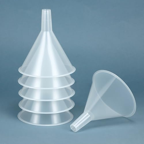 QWORK Plastic Funnels with Long Spout, 6 Pack 4.6 inch Clear Wide-Mouth Bottle Filling Set, Stackable Space-Saving for Water, Juice, Paint, Science Lab, Kitchen, Travel