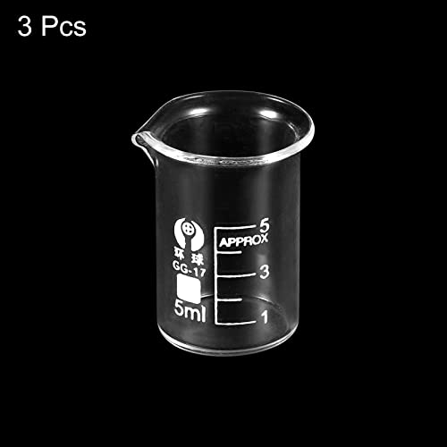 PATIKIL 3Pcs 5ml Low Form Glass Beaker, 3.3 Borosilicate Glass Graduated Printed Scale Measuring Cups with Spout for Kitchen Lab Liquids - size: 5ml