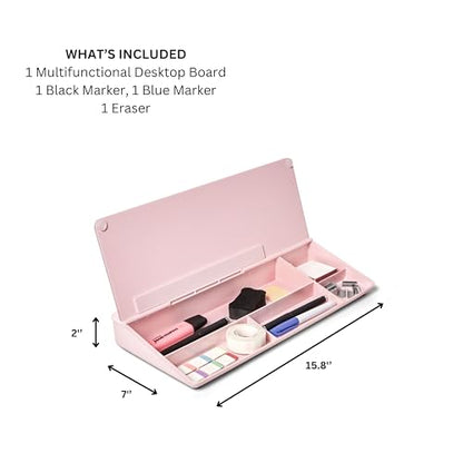 GAROOD Desktop Dry Erase Board with Storage Pink Color Desk White Board Desk Board Glass Desktop White Board with Stand Home Office Organizer Phone Holder 15.8X7X2 inches - color: Pink