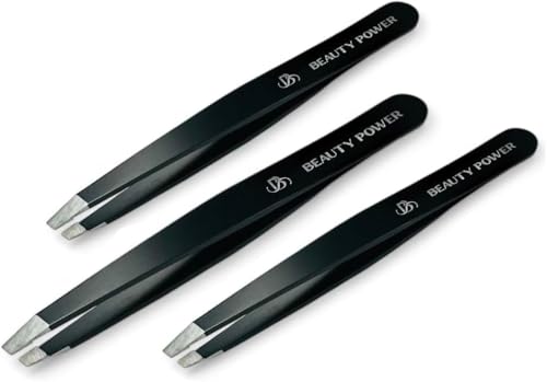 Beauty Power Tweezers for Women Facial Hair. Ultra Precision Tweezers for Women & Men, Sharp Slant Tweezer for Eyebrows, Ingrown Hair Removal. Professional Plucker, German Stainless Steel 3-Pack Black - color: 3 Black