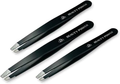 Beauty Power Tweezers for Women Facial Hair. Ultra Precision Tweezers for Women & Men, Sharp Slant Tweezer for Eyebrows, Ingrown Hair Removal. Professional Plucker, German Stainless Steel 3-Pack Black - color: 3 Black