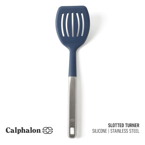 Calphalon Prime Slotted Turner, Kitchen Flipping Spatula, Slotted Spatula with Silicone Head and Stainless Steel Handle, Heat Resistant Nonstick Cookware for Flipping and Draining (Navy Blue) - color: Navy Blue III, size: Slotted Turner