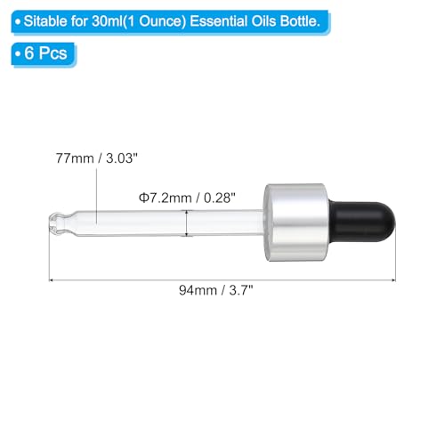 Glass Eye Dropper Caps, 6 Pcs Anodized Aluminum Glass Dropper Closure Top for 30ml(1oz) Essential Oils Bottle, Perfume, Lab Experiments, Silver Tone