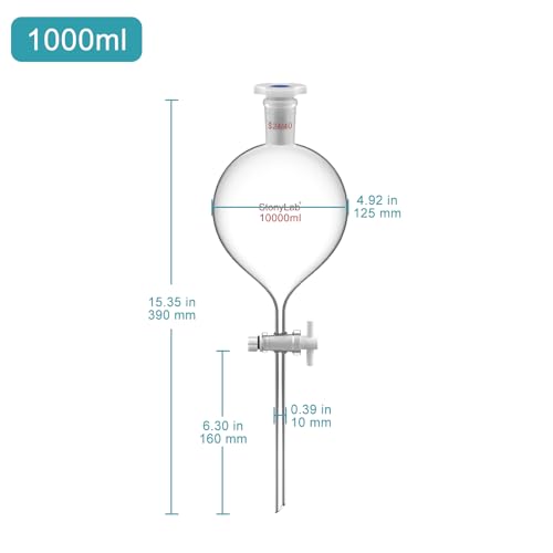 stonylab 1000 mL Separatory Funnel with with 24/40 Joint & PTFE Stopcock, Borosilicate 3.3 Glass, Spherical Design for Liquid Extraction & Solvent Separation, Includes Plastic Stopper (1-Pack) - size: 1000 ml