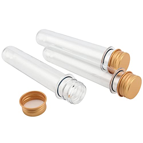 SEUNMUK 60 PCS 40ml Clear Plastic Test Tubes with Gold Caps, 140 x 25 mm Bath Salt Containers, Test Tubes for Plants, Scientific Experiments, Candy Storage, Powders, Spices - color: Gold Caps