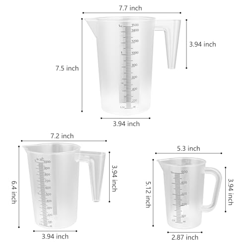 3 Set Plastic Measuring Cups for Liquids with Handle, 500/1500/3500 ML Clear & Strong Measuring Pitcher, Large Measure Cup for Motor Oil, Liquid Mixing, Kitchen, Baking Cooking, Laboratory and More - size: 500/1500/3500 ML