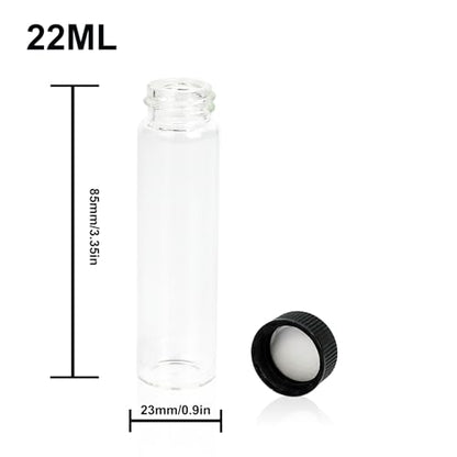 ALWSCI 0.74OZ Glass Vials, Small Liquid Sample Vial, 22 ml Borosilicate Glass Empty Vials with Caps, 20-400 Black Screw Caps with PE Liner, Pack of 100 - size: 22ML23x85mm Glass vials with screw caps
