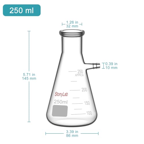 StonyLab Glass 250ml Heavy Wall Borosilicate Glass Filtering Flask, Bolt Neck with Tubulation, 250ml - size: 250 ml