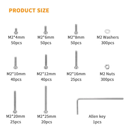 900 Pcs M2 Screws, Nuts and Washers Set - Hex Socket Head Cap Screws Kit - Stainless Steel Bolts Assortment - Metric Machine Screws With Fully Threaded Hex Nuts - size: M2