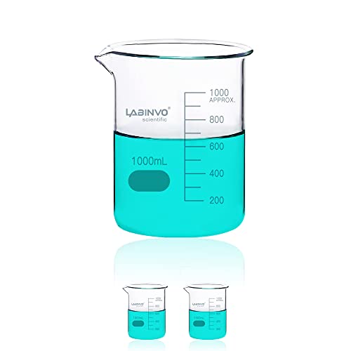 Low Form Graduated Glass Beaker, 2pcs of Vol.1000ml, 3.3 Borosilicate Glass Beaker Set, IN-BKL1000 - style: 2 PCS of 1000 mL