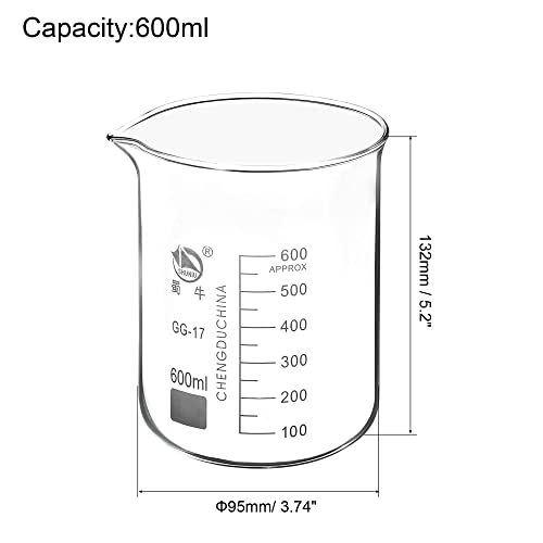 PATIKIL 600ml Low Form Glass Beaker, 3.3 Borosilicate Glass Graduated Printed Scale Measuring Cups with Spout for Kitchen Lab Liquids Transit Boiling - size: 600ml