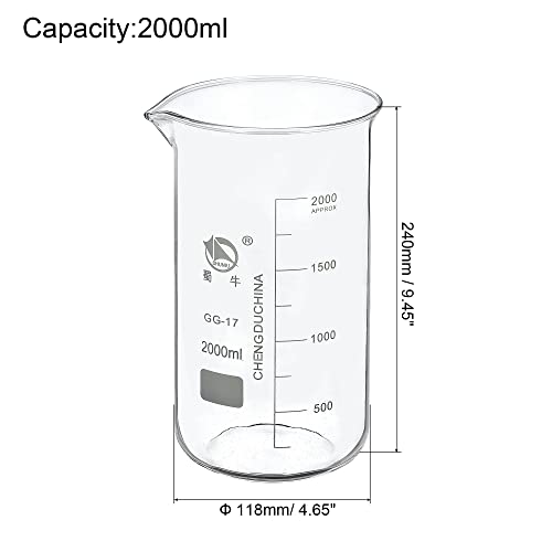 PATIKIL 2000ml Tall Form Glass Beaker, 3.3 Borosilicate Glass Graduated Printed Scale Measuring Cups with Spout for Kitchen Lab Liquids Transit Boiling - size: 2000ml