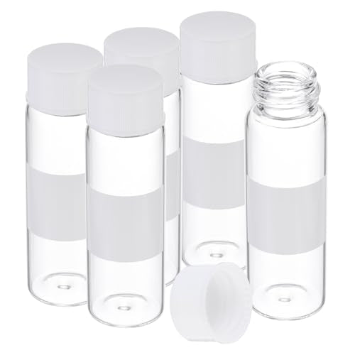 PATIKIL Small Glass Sample Bottles with Lids, 5 Pcs 15ml Clear Glass Vials with White Screw Caps Mini Leak Proof Reagent Sealed Bottles with Writing Label for Solid Liquid Powder Storage - color: White/Clear, size: 15ml