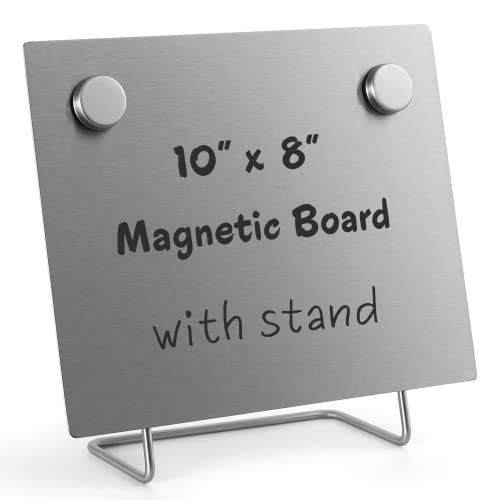 Magnetic Bulletin Board with Stand – Small Dry Erase Memo Board – Tabletop Metal Easel for Magnet Display – 10x8 Inches + 2 Magnets