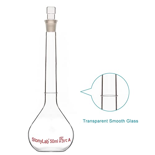 stonylab Glass Volumetric Flask Class A with Glass Stopper, Borosilicate Glass Heavy Wall Volumetric Flask Tolerance ±0.05 ml, 50 ml - size: 50 ml