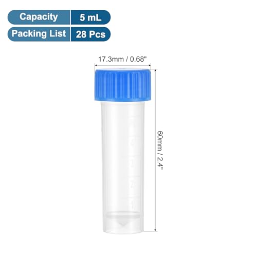 PATIKIL 5mL Plastic Cryogenic Vial, 28Pcs Cryogenic Storage Tube Lab Frozen Test Tube Container Storage Screw Cap for Lab Laboratory Science, Blue Clear - color: Blue, size: 5ml
