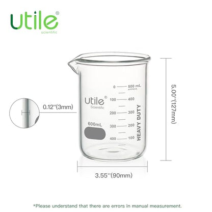 Utile 600ml Beaker Set, 10pcs of 20.3oz Upgraded Thickening Grass Beakers, Low Form Chemical Lab Beakers, Borosilicate 3.3 Glass with Printed Graduation, 4000.0600.10 - style: 10pcs of Vol.600ml