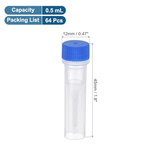 PATIKIL 0.5mL Plastic Cryogenic Vial, 64Pcs Cryogenic Storage Tube Lab Frozen Test Tube Container Storage Screw Cap for Lab Laboratory Science, Blue Clear - color: Blue, size: 0.5ml