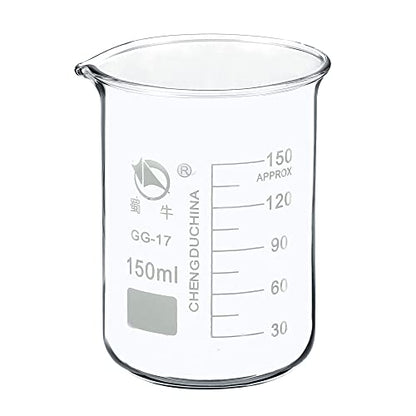 PATIKIL 150ml Low Form Glass Beaker, 3.3 Borosilicate Glass Graduated Printed Scale Measuring Cups with Spout for Kitchen Lab Liquids Transit Boiling - size: 150ml