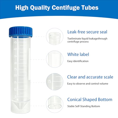 50ml Centrifuge Tubes with Screw Cap Lid, 50 Pack Self-Standing Plastic Test Tubes, Polypropylene Conical Tube with Cap, Graduated Marks