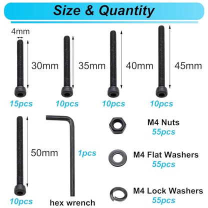 220PCS Black M4 Hex Socket Head Cap Screws, M4 x 30/35/40/45/50mm Metric Screws Bolts Nuts Washers Assortment Kit, 12.9 Grade Alloy Steel - color: BK-M4 x 30-50mm/