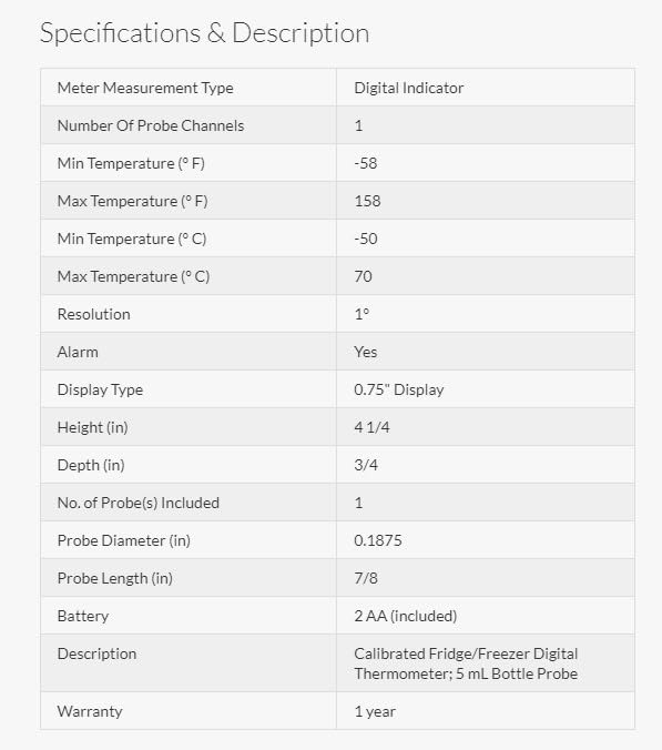 Traceable Fridge/Freezer Digital Thermometer with Calibration; 5 mL Bottle Probe