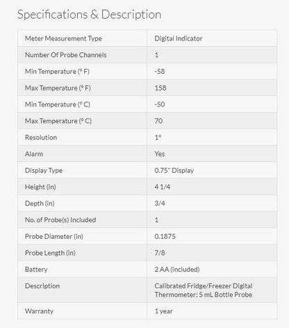 Traceable Fridge/Freezer Digital Thermometer with Calibration; 5 mL Bottle Probe