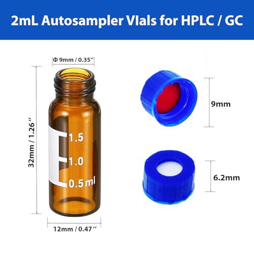 2 mL Amber Autosampler Vials 1000 Pack – HPLC/GC Certified, 9-425 Screw Cap with Red PTFE/White Silicone Septa, Graduations & Write-On Area, Leak-Proof for LC, GC-MS, Lab Analysis
