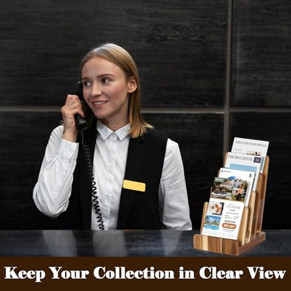 4 Tier Acacia Wood Brochure Display Stand 6 x 9 inch Brochure Holder Pamphlet Display Stand for 5.5 x 8.5 inch 5 x 7 inch Booklets Menus Postcard Holder Multi Purpose Organizer - color: Wood Color Acacia Wood