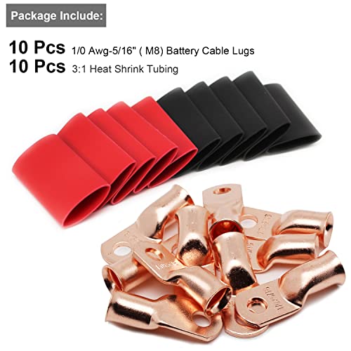TKDMR 10 PCS 1/0 AWG - 5/16 Battery Cable Lugs Copper Wire Ring Terminals - size: 1/0 Awg - 5/16" (M8) Ring