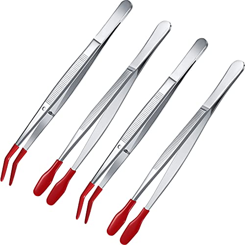 Honoson 4 Pieces Rubber Tipped Tweezers PVC Silicone Tip Tweezers, Red - color: Red