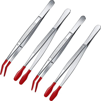 Honoson 4 Pieces Rubber Tipped Tweezers PVC Silicone Tip Tweezers, Red - color: Red