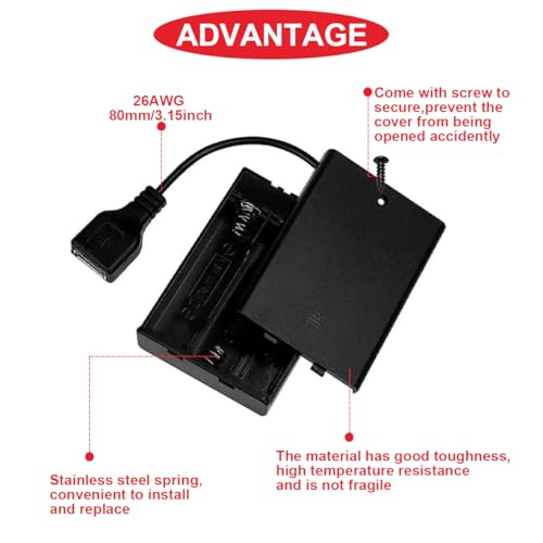 5 Pcs 3 AA Battery Holder, USB Female Socket, 3 x 1.5V AA Battery Box Holder with Cover (Batteries are not Included), ON/Off Switch, Screw,for Arduino RC LED Strip - color: M. 3AA Battery Holder Cover With USB Female Socket
