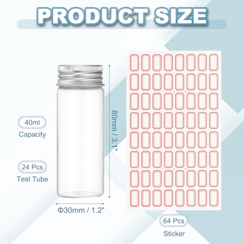 PATIKIL 40ml Test Tubes with Caps, 24Pcs 30x80mm Glass Clear Flat Bottom Test Tube Containers with Plastic Cap for Bead Party Candy Bath Salt Storage Scientific Experiment Plant(Silver) - color: Silver, size: 30x80mm
