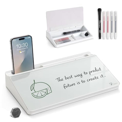 TOWON Compact Glass Desktop Whiteboard with Storage 12x7 in, White - color: White
