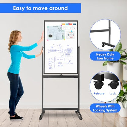 Maxtek Magnetic White Board on Wheels 40x24 Black Mobile Double-Sided Board - color: Black, size: 24"W x 40"H