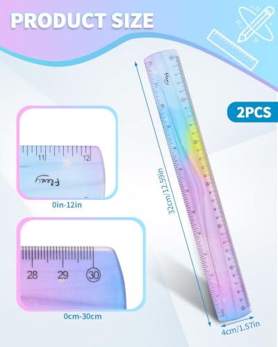 2 Pack Flexible Ruler Set, 12 Inch Bendable Rulers for Kids, Soft Plastic Rulers with Dual-Sided cm/inch Scale, Gradient Color Flex Ruler for School, Home, Office - color: 12 Inch Colorful