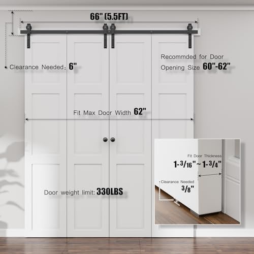 66" Bi-Folding Sliding Barn Door Hardware Kit,5.5FT Heavy Duty Track Roller Kit for Max 15" x 4 Doors,Smoothly and Quietly,Easy to Install,No Door Panel,Black - size: 66" for 4 Doors
