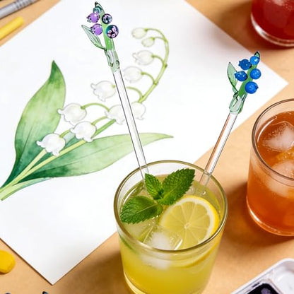 Homestia 2 Pcs Glass Stirring Spoon, Swizzle Sticks with Lily of the Valley - color: 2 PCS + 7.1" + Bells Orchids Flower + Stirring spoon