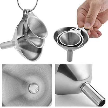 Metal Stainless Steel Funnel, Large Medium Small Funnel Set of 3, Food Grade Mini Kitchen Funnels for Transferring Essential Oils, Liquid, Fluid, Small Funnels for Filling Bottles Flask Cooking - size: 3 Pack Mini (2.36" + 1.77" + 1.37")