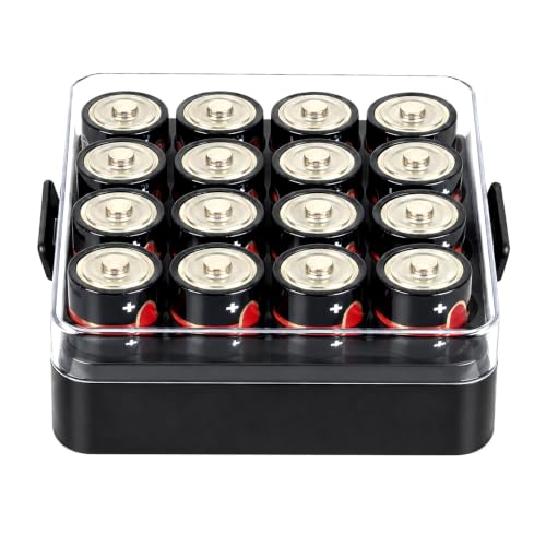 ALCYON Battery Organizer Storage Case, Battery Vault Box Container for 16pcs C Batteries, Plastic Clear Protective Battery Holder for Travelling/Home/Office (Black, Medium) - color: Black, size: 16+C Batteries