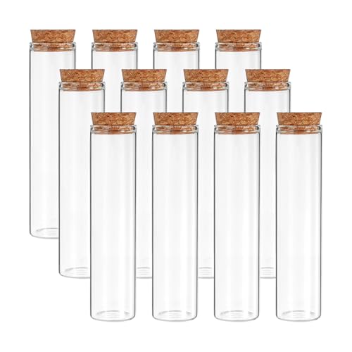 PATIKIL 55ml Test Tubes, 12pcs 4.33x1.18 Glass Clear Flat Bottom Test Tube Containers with Cork Stopper for Bead Party Candy Bath Salt Storage Scientific Experiment Plant Propagation - size: 55ml