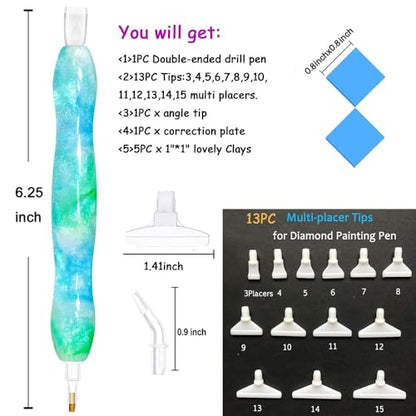 Handmade 5D Diamond Painting Art Pen Picker Kits,15PC Stylus Drill Pen Tips Placers Heads,2PC Wax Clay Glue for Diamond Painting, Nail Art, Cross-Stitch Embroidery,g (Shining White BlueGreen) - color: Shining White BlueGreen