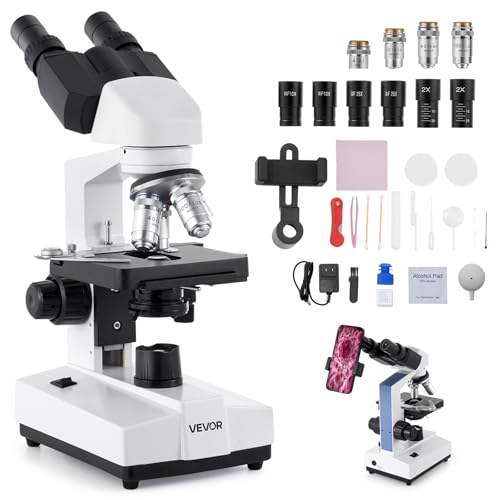 VEVOR Binocular Microscope, 40-5000X Magnification, Professional Compound Microscope for Adult with Dual Stage and Two Sets of Eyepieces, Aluminum Alloy Body, Includes LED Light and Phone Holder - size: 40-5000X